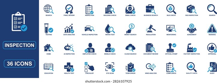 Professional inspection solid icon set featuring audit, quality control, compliance, testing, verification, checklist, approval, monitoring, assessment, document review, factory inspection, AI inspection, health testing, and business evaluation. Ideal for web, mobile apps, dashboards, reports, and corporate projects.