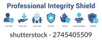 Professional Integrity Shield web banner icon set vector illustration concept for business with icon of User Shield, Ethics Hand, Justice Scale, Protection, Defen.