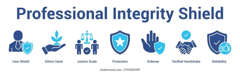 Professional Integrity Shield web banner icon set vector illustration concept for business with icon of User Shield, Ethics Hand, Justice Scale, Protection, Defen.
