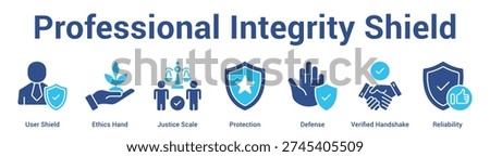 Professional Integrity Shield web banner icon set vector illustration concept for business with icon of User Shield, Ethics Hand, Justice Scale, Protection, Defen.