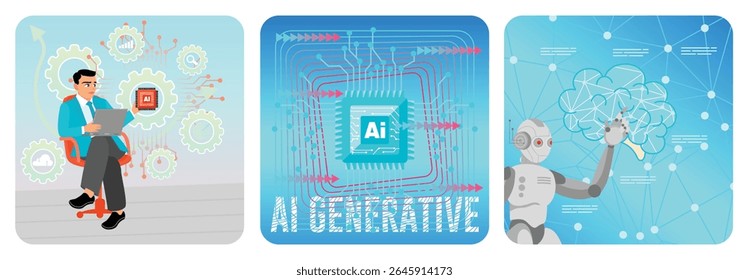 Un profesional interactúa con la tecnología de IA en una computadora portátil. Concepto de computación generativa de IA futurista. Un robot humanoide que se involucra con un concepto de cerebro digital. Concepto de adopción de inteligencia artificial.