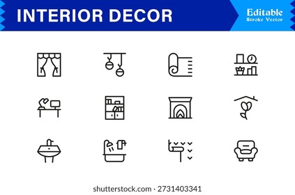 Professionelle Innendekoration Linie Symbol-Set mit modernem minimalem Design, bearbeitbare Pixel perfekte Vektor-Kollektion mit Home Styling und Dekoration Elemente