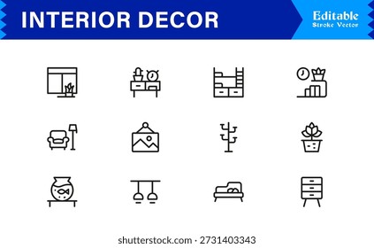 Conjunto de iconos de línea de decoración interior de Profesional con diseño minimalista moderno, Colección de Vector perfecta de píxeles editable con Elementos de decoración y estilo casero