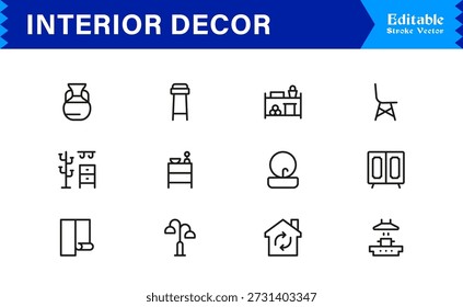 Conjunto de iconos de línea de decoración interior de Profesional con diseño minimalista moderno, Colección de Vector perfecta de píxeles editable con Elementos de decoración y estilo casero