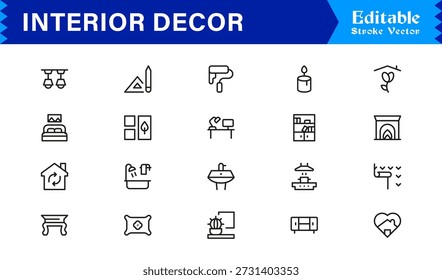 Conjunto de ícone de linha de decoração de interiores profissional com design mínimo moderno, coleção de vetor de pixel perfeito editável com estilo caseiro e elementos de decoração