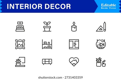 Conjunto de ícone de linha de decoração de interiores profissional com design mínimo moderno, coleção de vetor de pixel perfeito editável com estilo caseiro e elementos de decoração