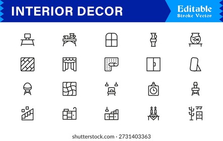 Professional Interior Decor Line Icon Set with Modern Minimal Design, Editable Pixel Perfect Vector Collection Featuring Home Styling and Decoration Elements