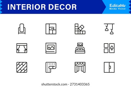 Conjunto de ícone de linha de decoração de interiores profissional com design mínimo moderno, coleção de vetor de pixel perfeito editável com estilo caseiro e elementos de decoração