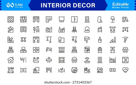 Professional Interior Decor Line Icon Set with Modern Minimal Design, Editable Pixel Perfect Vector Collection Featuring Home Styling and Decoration Elements