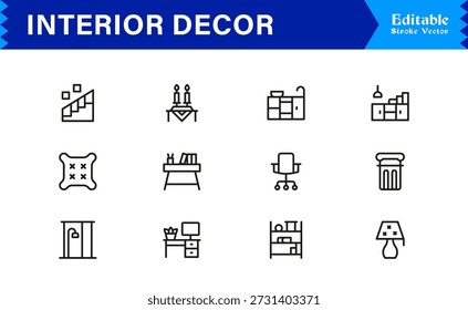 Conjunto de iconos de línea de decoración interior de Profesional con diseño minimalista moderno, Colección de Vector perfecta de píxeles editable con Elementos de decoración y estilo casero