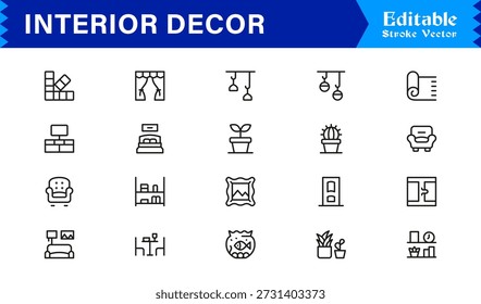 Professionelle Innendekoration Linie Symbol-Set mit modernem minimalem Design, bearbeitbare Pixel perfekte Vektor-Kollektion mit Home Styling und Dekoration Elemente