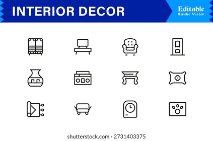Conjunto de iconos de línea de decoración interior de Profesional con diseño minimalista moderno, Colección de Vector perfecta de píxeles editable con Elementos de decoración y estilo casero
