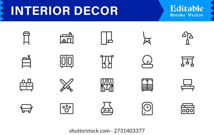 Conjunto de ícone de linha de decoração de interiores profissional com design mínimo moderno, coleção de vetor de pixel perfeito editável com estilo caseiro e elementos de decoração