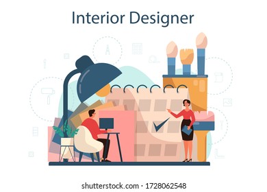 Professional interior designer concept. Decorator planning the design of a room, choosing wall color and furniture style. House renovation. Isolated flat vector illustration