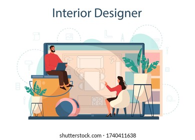 Professional interior designer concept. Decorator planning the design of a room, choosing wall color and furniture style. House renovation. Isolated flat vector illustration