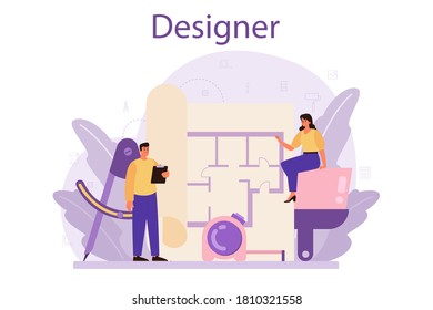 Professional interior designer concept. Decorator planning the design of a room, choosing wall color and furniture style. House renovation. Isolated flat vector illustration