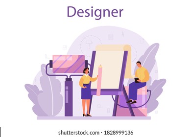 Professional interior designer concept. Decorator planning the design of a room, choosing wall color and furniture style. House renovation. Isolated flat vector illustration