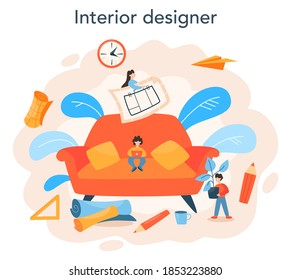 Professional interior designer concept. Decorator planning the design of a room, choosing wall color and furniture style. House renovation. Isolated flat vector illustration