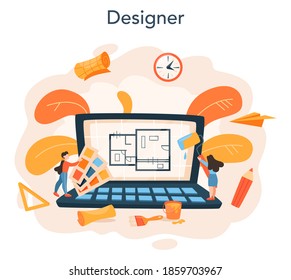 El concepto de diseño interior profesional. Decorador que planea el diseño de una habitación, escogiendo el color de la pared y el estilo del mobiliario. Renovación de la casa. Ilustración vectorial plana aislada