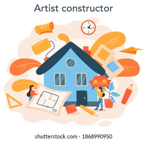 El concepto de diseño interior profesional. Decorador que planea el diseño de una habitación, escogiendo el color de la pared y el estilo del mobiliario. Renovación de la casa. Ilustración vectorial plana aislada