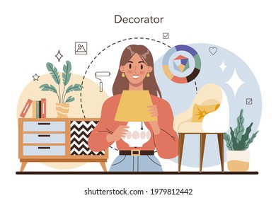 El concepto de diseño interior profesional. Decorador que planea el diseño de una habitación, escogiendo el color de la pared y el estilo del mobiliario. Renovación de la casa. Ilustración vectorial plana aislada