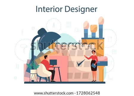 Professional interior designer concept. Decorator planning the design of a room, choosing wall color and furniture style. House renovation. Isolated flat vector illustration