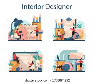 Professional interior designer concept set. Decorator planning the design of a room, choosing wall color and furniture style. House renovation. Isolated flat vector illustration