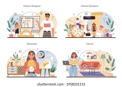 Professional interior designer concept set. Decorator planning the design