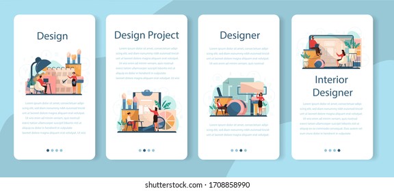 Professional interior designer mobile application banner set. Decorator planning the design of a room, choosing wall color and furniture style. House renovation. Isolated flat vector illustration