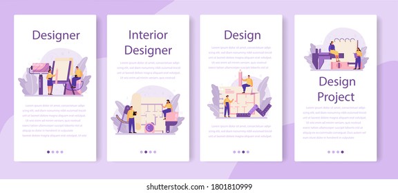 Professional interior designer mobile application banner set. Decorator planning the design of a room, choosing wall color and furniture style. House renovation. Isolated flat vector illustration