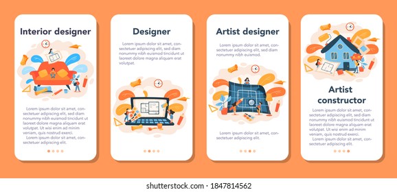 Professional interior designer mobile application banner set. Decorator planning the design of a room, choosing wall color and furniture style. House renovation. Isolated flat vector illustration