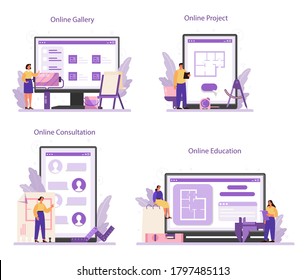 Professional interior designer online service or platform set. Decorator planning the design of a room. House renovation. Online gallery, education, project, consultant. Vector illustration