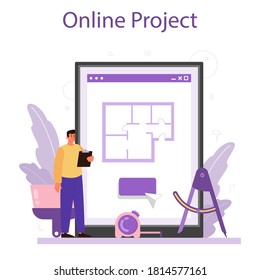 Professional interior designer online service or platform set. Decorator planning the design of a room. House renovation. Online project. Isolated flat vector illustration