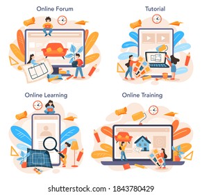 Professional interior designer online service or platform set. Decorator planning the design of a room. House renovation. Online forum, tutorial, learning, training. Isolated flat vector illustration