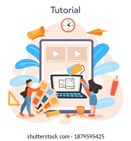 Professional interior designer online service or platform. Decorator planning the design of a room. House renovation. Online tutorial. Isolated flat vector illustration