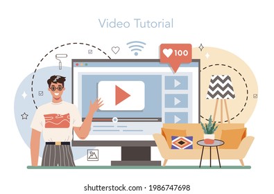 Professional interior designer online service or platform. Decorator choosing wall color and furniture style. House renovation. Video tutorial. Vector illustration