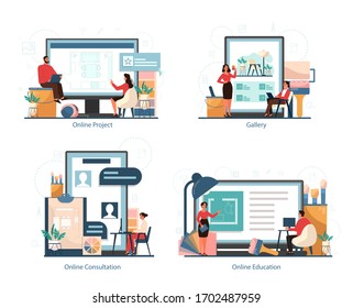 Professional interior designer service platform on differernt device concept set. Decorator planning the design of room, choosing wall color and furniture style. House renovation. Vector illustration