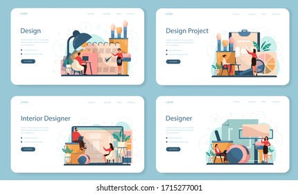 Professional interior designer web banner or landing page set. Decorator planning the design of a room, choosing wall color and furniture style. House renovation. Isolated flat vector illustration