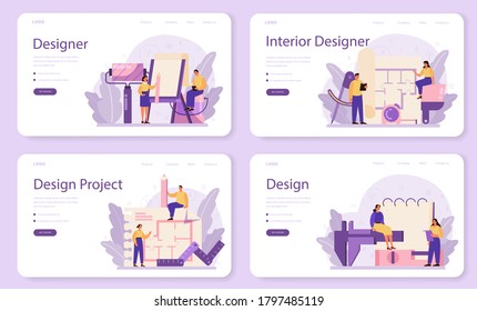 Professional interior designer web banner or landing page set. Decorator planning the design of a room, choosing wall color and furniture style. House renovation. Isolated flat vector illustration