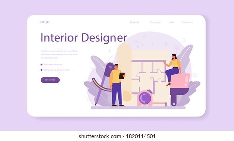 Professional interior designer web banner or landing page. Decorator planning the design of a room, choosing wall color and furniture style. House renovation. Isolated flat vector illustration