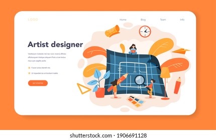 Professional interior designer web banner or landing page. Decorator planning the design of a room, choosing wall color and furniture style. House renovation. Isolated flat vector illustration