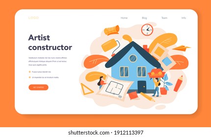 Professional interior designer web banner or landing page. Decorator planning the design of a room, choosing wall color and furniture style. House renovation. Isolated flat vector illustration