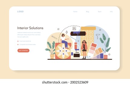 Professional interior designer web banner or landing page. Decorator planning the design of a room, choosing wall color and furniture style. House renovation. Isolated flat vector illustration