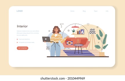 Professional interior designer web banner or landing page. Decorator planning the design of a room, choosing wall color and furniture style. House renovation. Isolated flat vector illustration