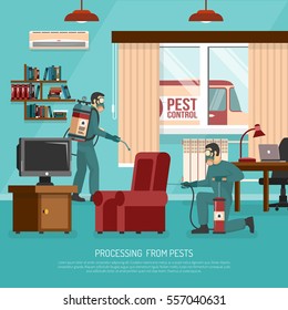 Professional interior pest control service team at work spraying insecticide in living room flat poster vector illustration 