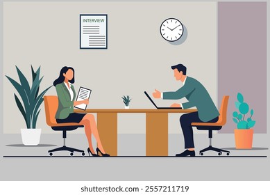 Professional interview depicting a recruiter and candidate engaged in conversation in a modern office. ideal for recruitment, hiring, HR, career advice, workplace themes, and business presentations.