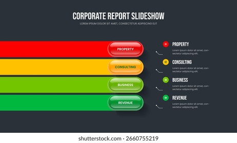 Professional Introduction Presentation Layout Vector Illustration. Product Profile 4 Element Infographic Frame Template. Service Forecast Four Option Diagram Slide Design.