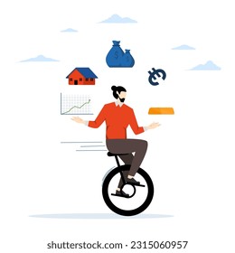 professional investment expertise concept, Financial adviser, smart entrepreneur investor juggling financial assets, real estate, currency, gold, savings and stock market charts riding a unicycle.