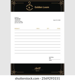 Professional invoice design with a sleek black and gold theme. Ideal for corporate use, freelancers, or premium business branding