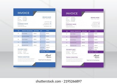 Professional invoice design template, Abstract corporate business invoice design with 2 color variation.